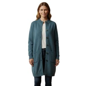 Woman Within‎ Cardigan Sweater Women 12 Teal Blue Textured Long With Pockets